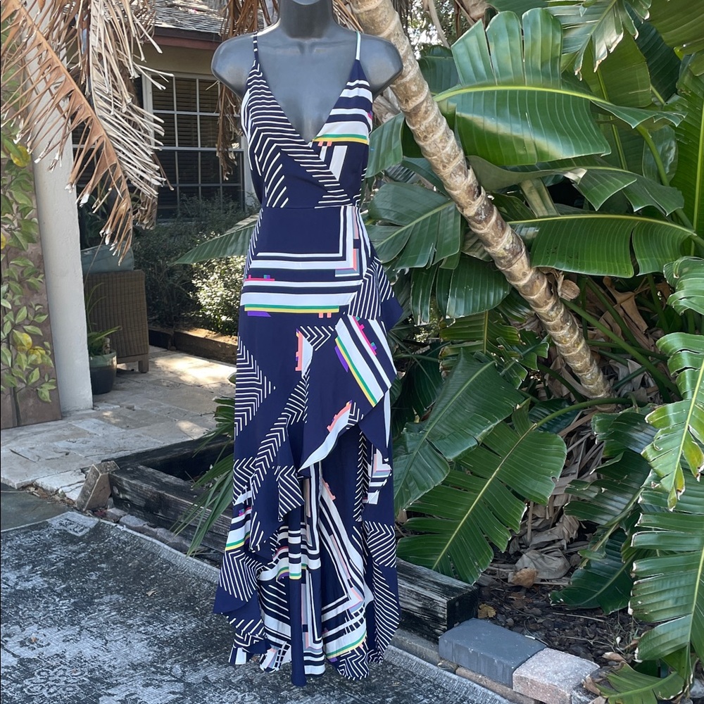 strut and bolt geometric striped high, low ruffle dress